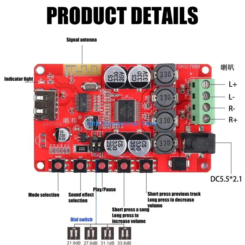 Bluetooth-kompatibles Stereo-Verstärkermodulboard für passive Lautsprecher, 2-Kanal-25-W-Ausgang, DC8-26-V-Eingang zur – Detail 3
