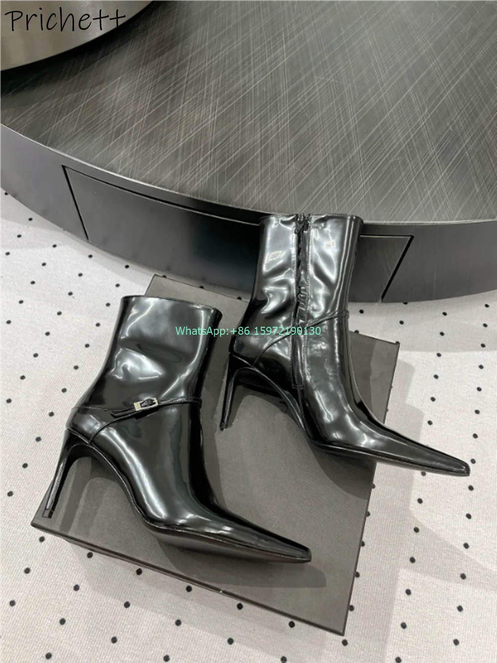 

Buckle Belt Patent Leather Ankle Boots Solid Pointy Toe Thin Heels Zipper Stiletto Shoes Women's Winter Sexy Luxury Fashion Boot