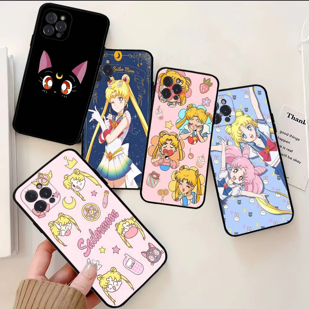 Anime S-Sailor M-Moon Handyhülle für iPhone 16 Pro Max 15 17 Plus 14 13 12 Mini 11, schwarze Abdeckung