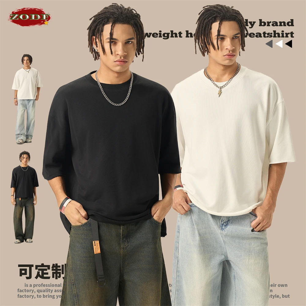 ZODF جديد 2026 الصيف رجل بوكسي تيري تي شيرت للجنسين شارع العليا حافة فضفاضة 280gsm قصيرة الأكمام تي شيرت العلامة التجارية بلايز HY0044