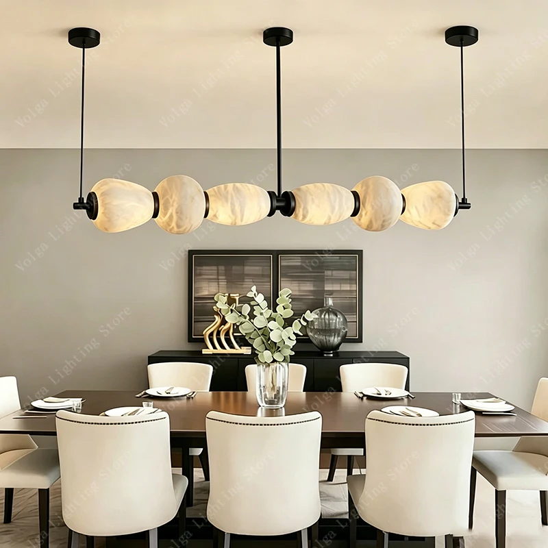 Elevate Your Dining Room with Our Spanish Marble Chandelier Light Long, Creative Alabaster Hanglamp for Bedside Kitchen Island
