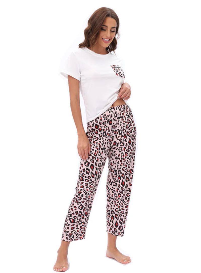 Women's Pajamas Set 2 Piece Leopard Print Pyjama Pocket Sleepwear Spring Summer Short Sleeve Pants Pijama Mujer Pjs Homewear