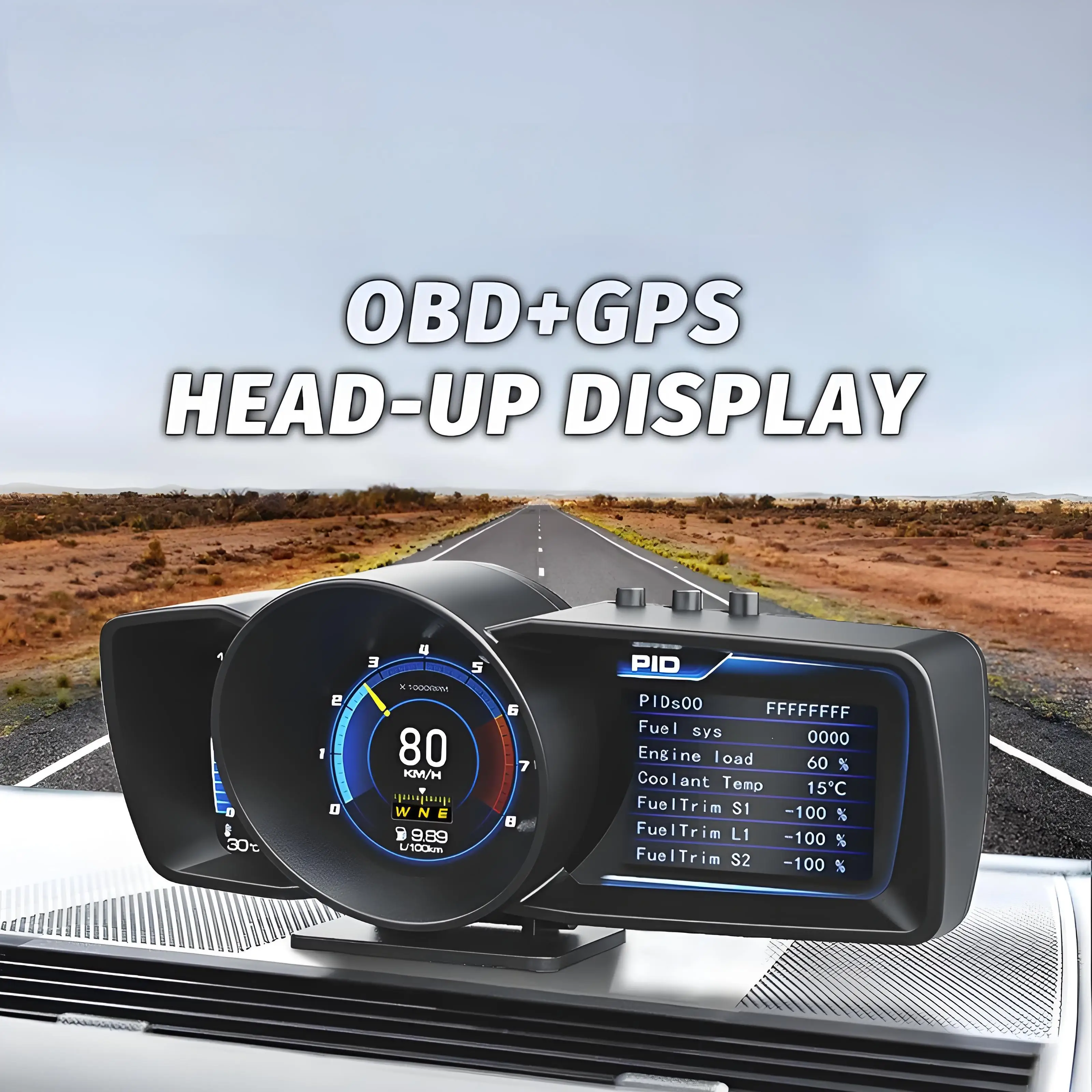 Car HUD Dual Screen Multi-Function Dashboard Head Up Display OBD+GPS Smart Speedometer Auto Gauge Alarm System Turbo Boost Meter