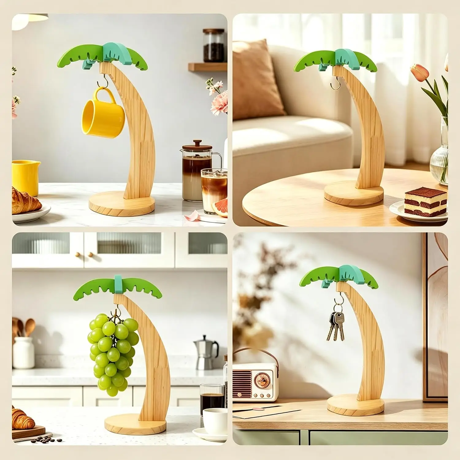 Wooden Banana Hanger Stand Fruit Holder Hanging Banana Rack Countertop Fruit Storage Rack with Hook Simulated Leaf Kitchen Decor