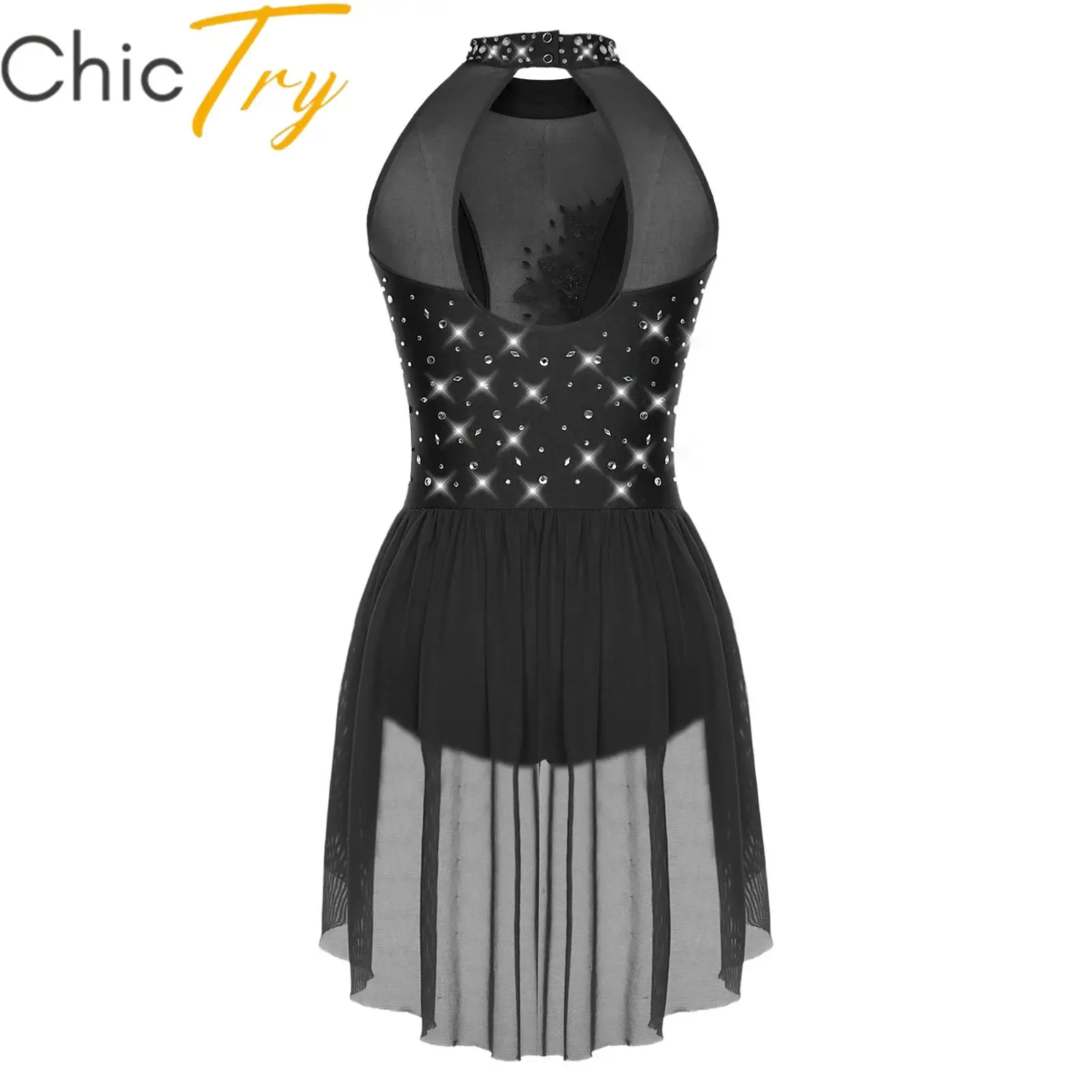 

Womens Rhinestone Ballet Dance Leotard Dress Sleeveless Irregular Skirted Bodysuit for Latin Chacha Gymnastics Stage Performance