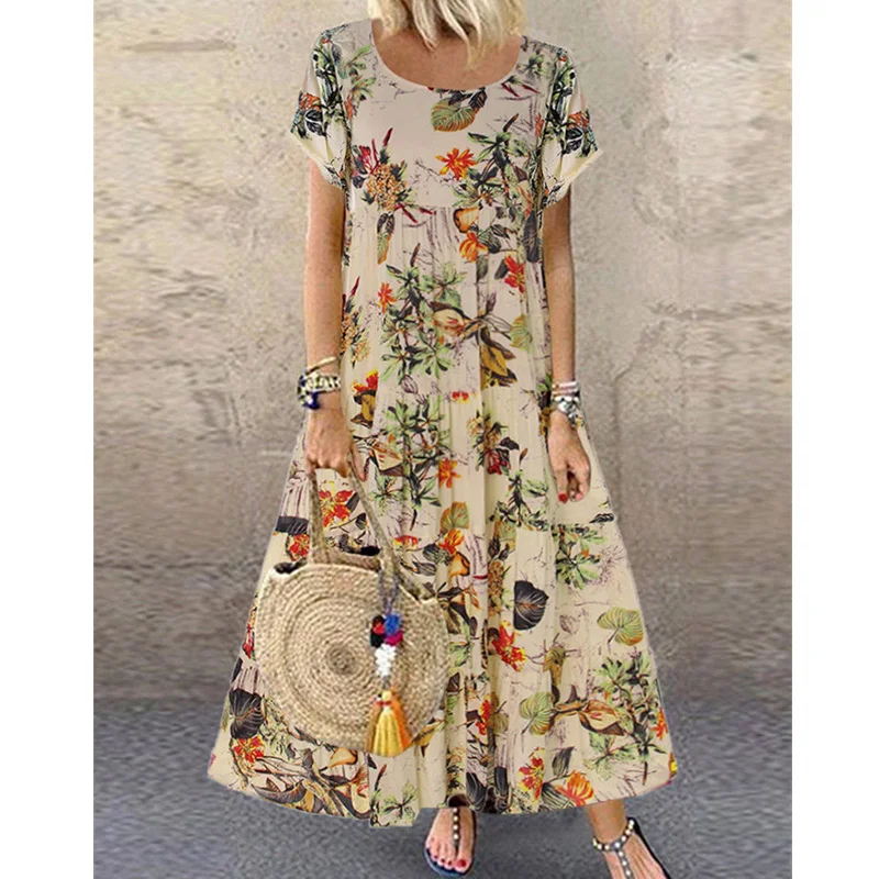 

Casual Short Sleeved O-neck Floral Print Dress Summer Countryside Style Loose Long Dresses Plus Size Women's Clothing 9911