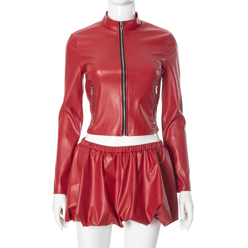 Leosoxs Red Two Piece Dress Sets for Women Autumn Winter Long Sleeve Zipper Leather Top + Bud Mini Skirt Party Club Matching Set image 6