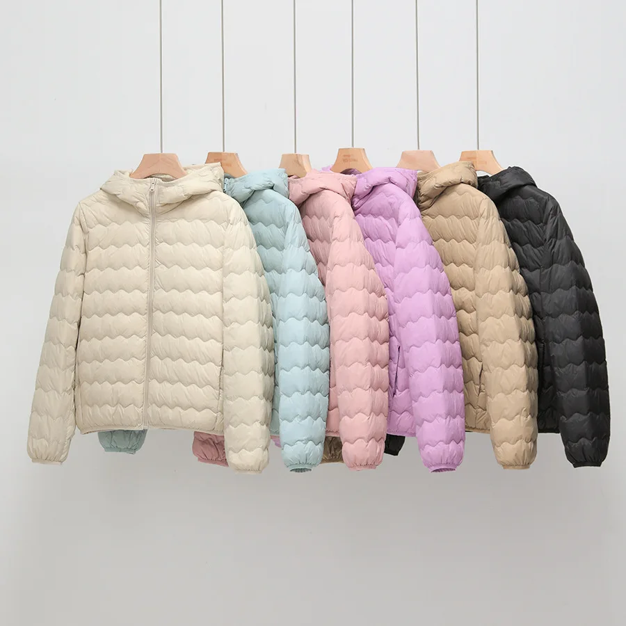LANMREM Women Crew Neck Lightweight Short Down Jacket Wave Quilted Zipper Closure Portable Inner Wear Puffer Outerwear Coat