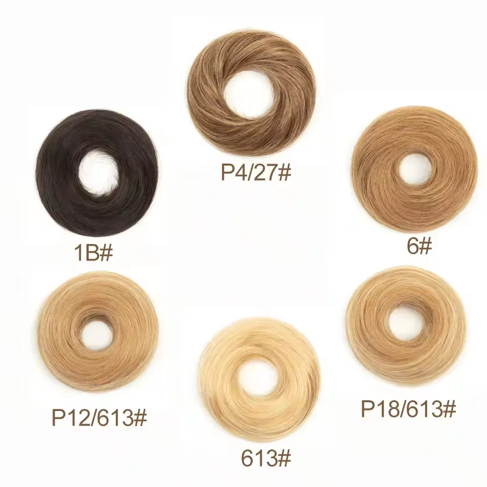 Pezzo di capelli lisci e disordinati con fascia elastica Capelli umani Coda di cavallo Chignon Donut Updo Estensione per donna