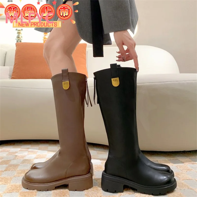 High Barrel Damen lange Stiefel Herbst und Winter neue Vintage dicke Absätze zurück Reiß verschluss Ritter Stiefel mit mittleren Absätzen