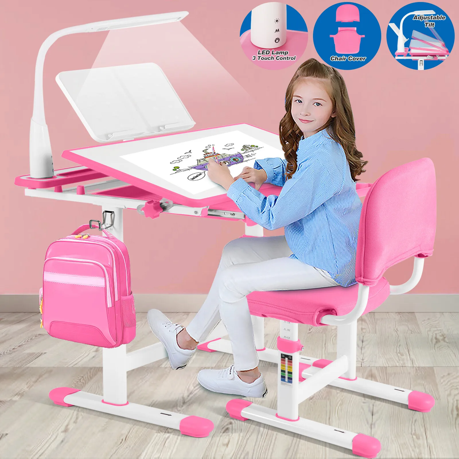 Pink Kids Desk Chair Set Height Adjustable Study Table w/Lamp,Drawer,Chair Cover