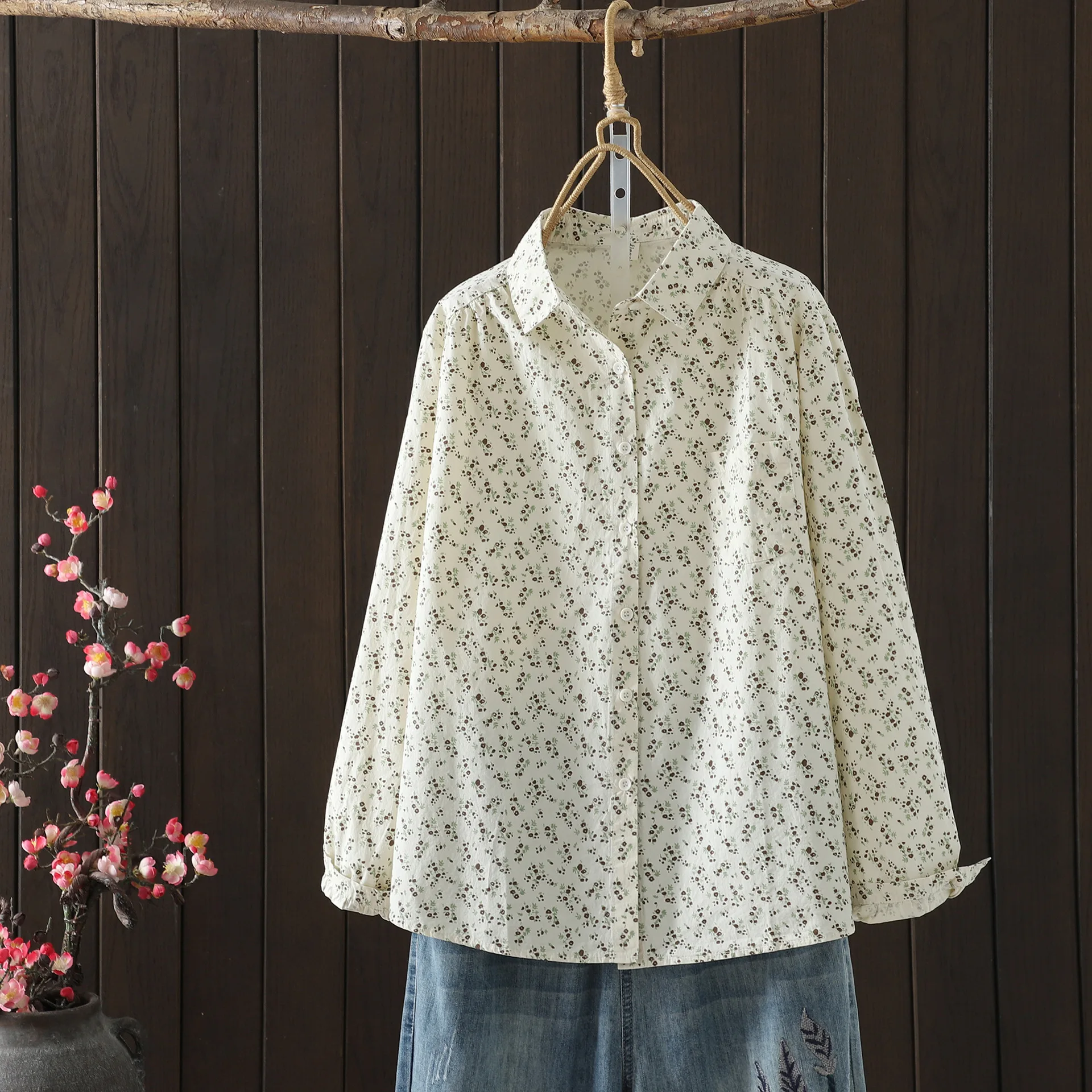 جديد 2025 الخريف قميص قطني بكم طويل ، المرأة بدوره إلى أسفل طوق المطبوعة ، موري فتاة الفرنسية تخفيف بلوزة فضفاضة غير رسمية T58648CC