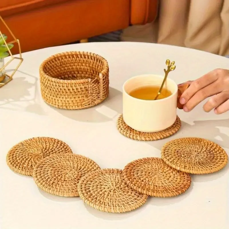 6pcs Rattan Weave Drink Coasters with Holder Storage Caddy - Protective, Space-Saving, and Decorative Cup Mat for Living Room, K