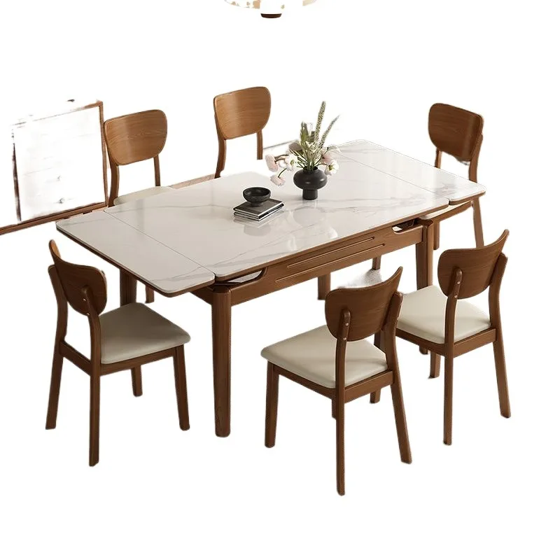 Retractable rock slab dining table, small household rectangular solid wood dining table