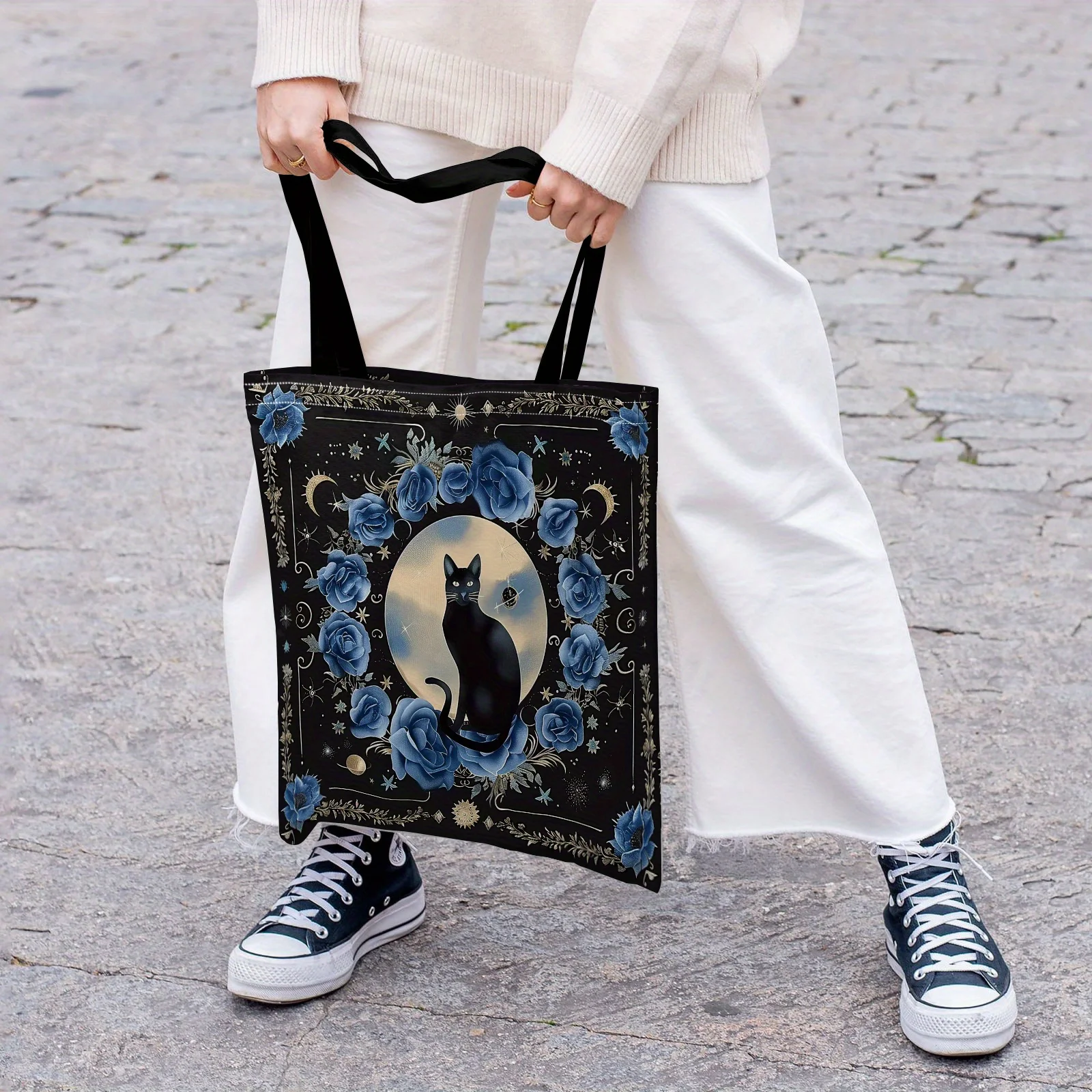 고딕 미스터리 토트백 할로윈 검은 고양이 해골, 장미 숄더백 유령의 고딕 호러 테마 선물 핸드백 데일리 캐주얼 사용