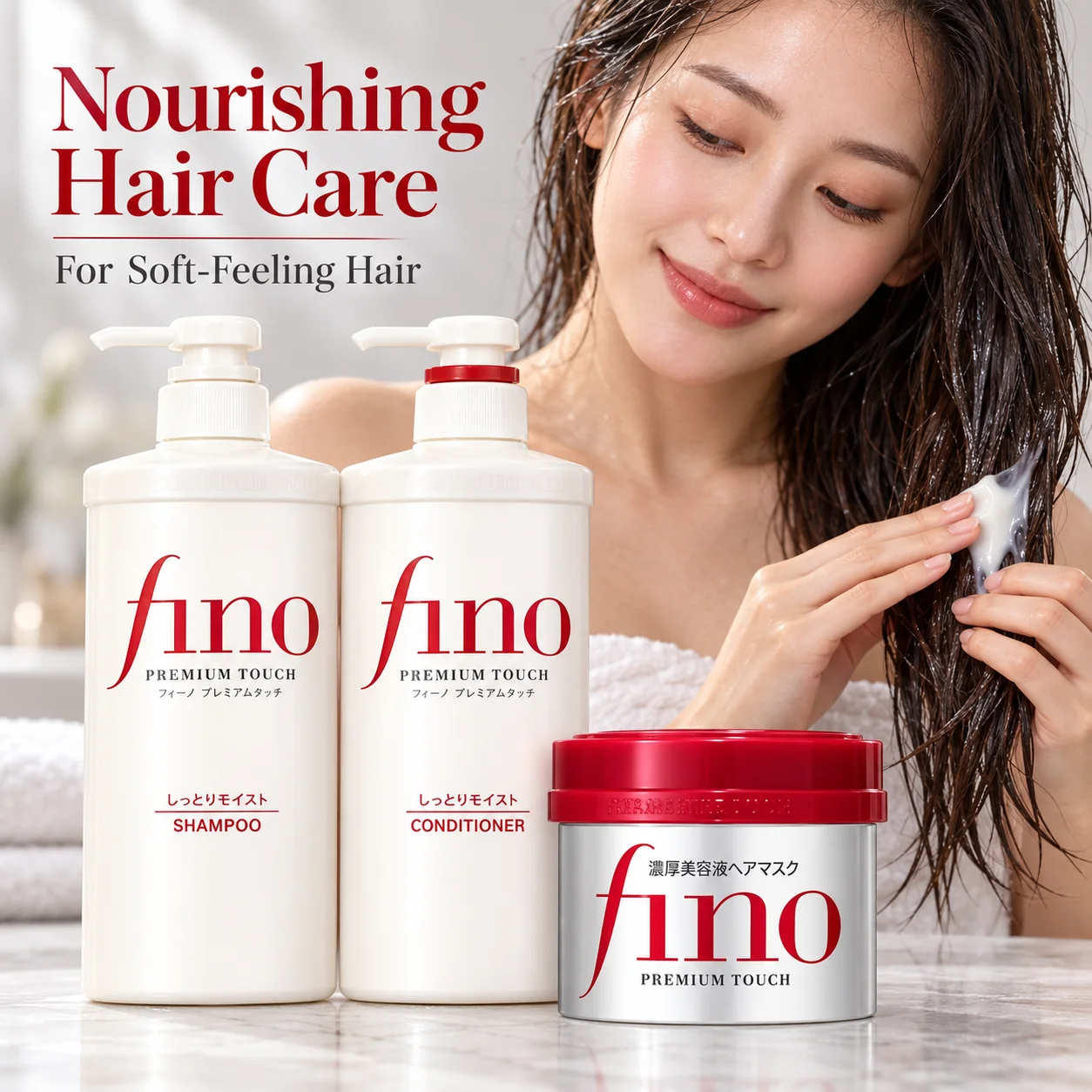 Fino Shampoo and Conditioner with Hair Mask for Hair with Frizz Featuring 550ml Pump Bottles for Cleansing and Nourishing Care