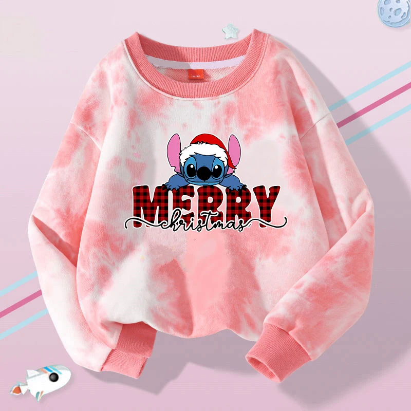 Disney Stitch Kids Crew Neck Sweatshirt Anime Cartoon Christmas Print Long Sleeve Pullover Boy Girl Winter Casual Warm Top Gifts