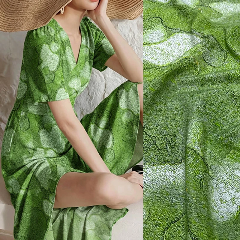 Printed Stretch Silk Crepe de Chine Fabric for DIY and Sewing Green Silk Fabric for Comfortable Dress Pants Pajamas R7055