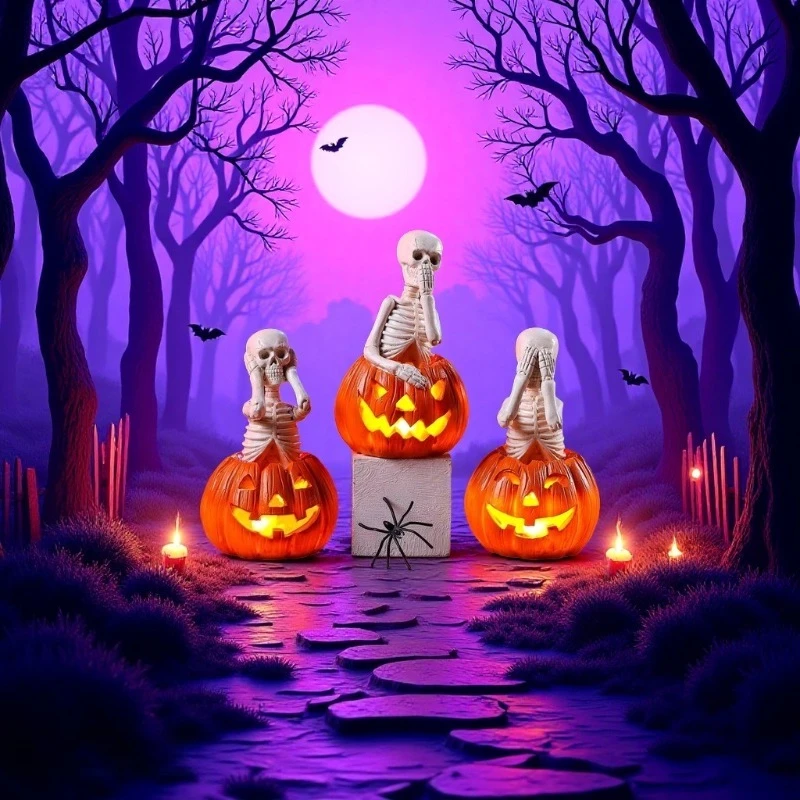 Halloween jack-o-lanterns, skull ornaments, decorations, Halloween themes