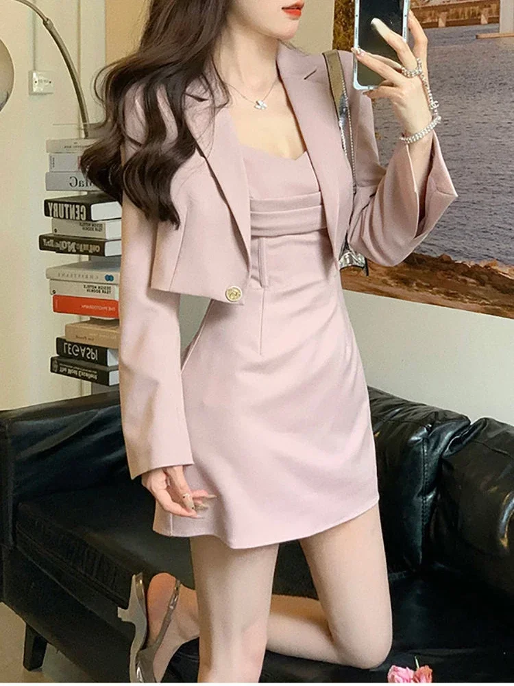 French Pink Elegant New Two Piece Set Women Blazer Coat + Strap Dress Sets Female Casual Korean Fashion Slim Suit 2024 Autumn