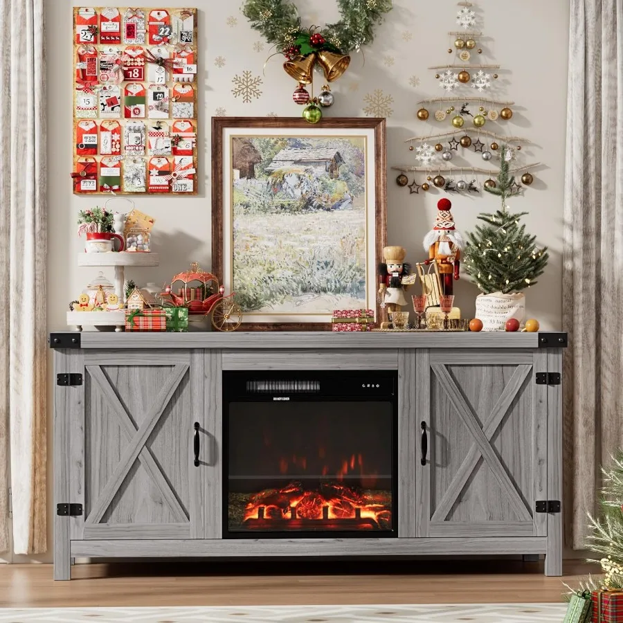 حامل تلفزيون مدفأة من Furmax لأجهزة التلفاز حتى 65 بوصة، مركز ترفيه المزرعة مع أبواب الحظيرة المخددة، وحدة تحكم الوسائط الريفية T #6