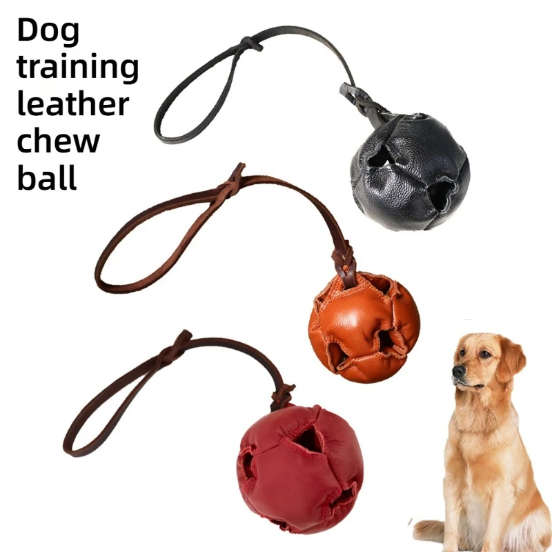 

Dog Training Bite Ball Tug Toy Leather Puppy Training Toy Interactive Chew Tug Ball With Handle Durable Bite Reward Play Tool