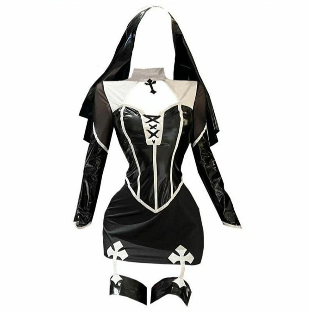 Damen-Kostümset im Nonnen-Stil, langärmliges Minikleid aus Kunstleder mit Kopftuch und Strumpfhaltern für Halloween, Cosplay, Themenparty