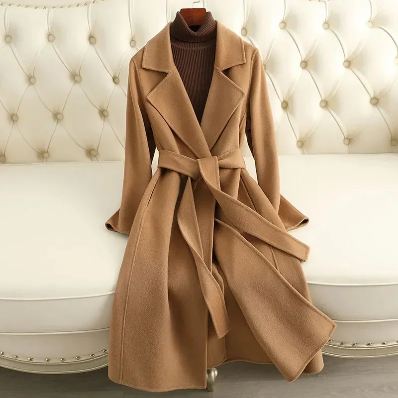 

Women Elegant Long Woolen Coat with Belt Autumn Winter Fashion Solid Long Sleeve Chic Outerwear Ladies Casual Overcoat Q26