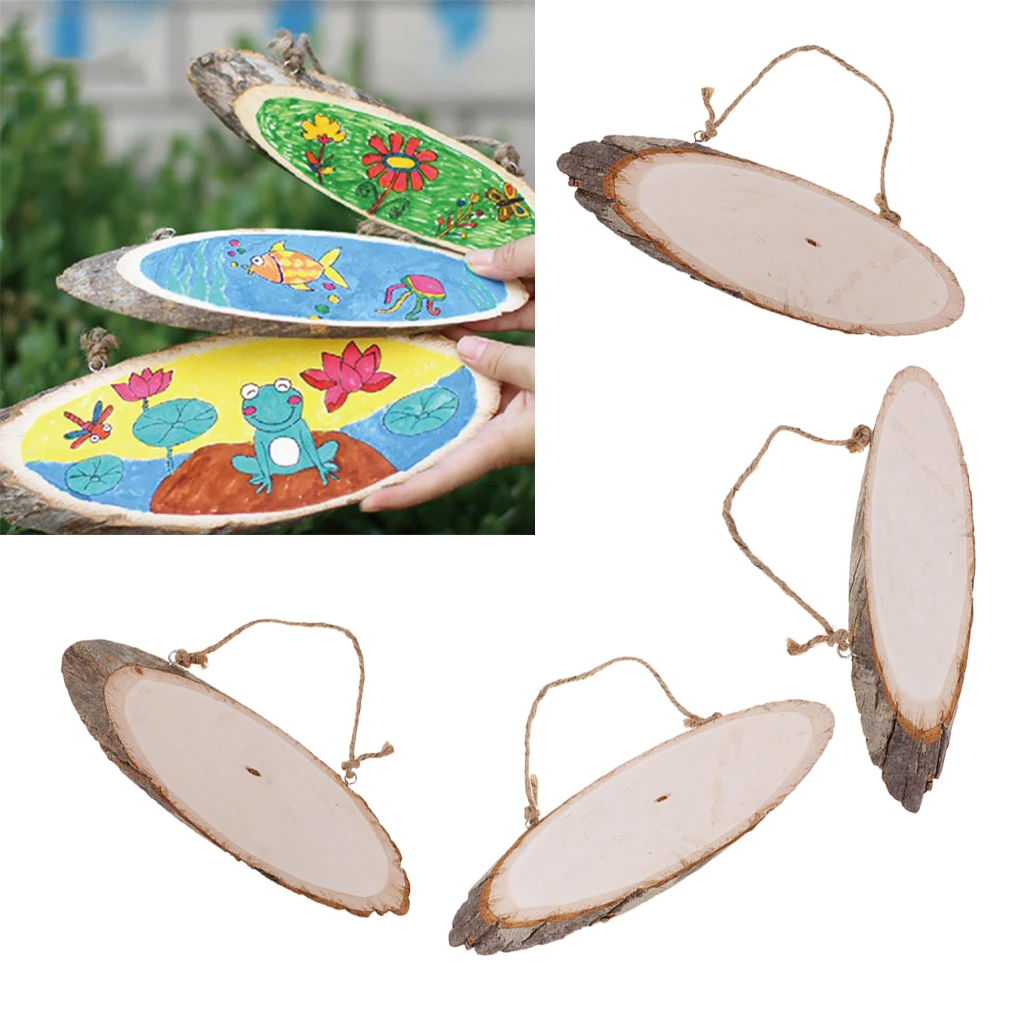 4Pcs Hanging Pine Wood Slices Tree Wooden Circles DIY Craft Oval Tags