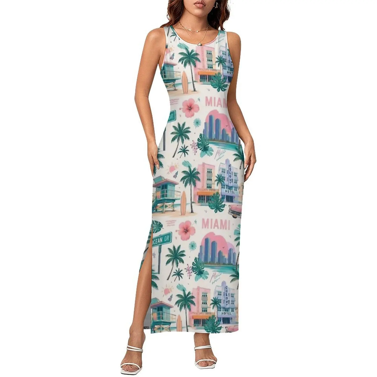 Miami Beach Tropical Sunset Print Dress Sleeveless  Retro Maxi Dresses Spring Streetwear Pattern Bodycon Dress Big Size