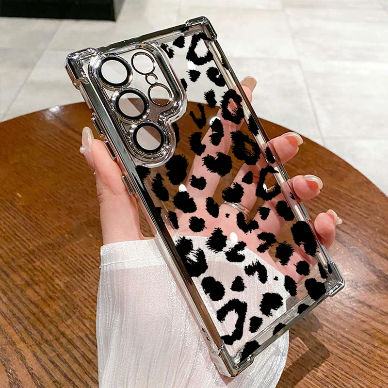 Leopard Print Electroplated Airbag Transparent Phone Case For Samsung Galaxy S25 Ultra S24 S23 S22 S21 Plus FE Anti-Drop Cover - náhled 2