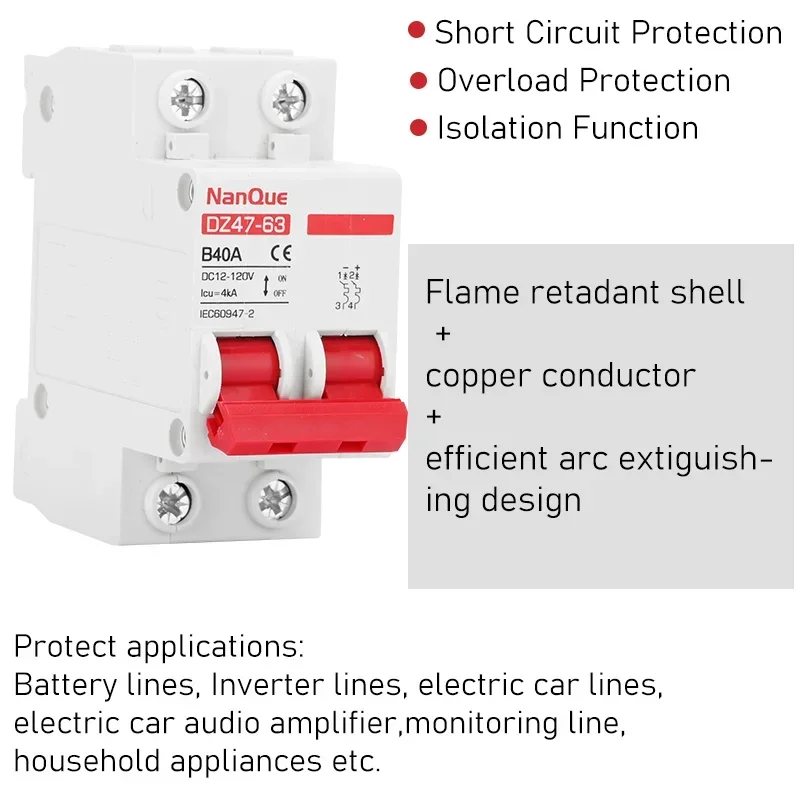 Dc mcb 12v 24v 48v 60v 110v disjuntor bateria proteger interruptor positivo negativo curto-circuito 2p 10a 20a 50a 100a 125a 150a