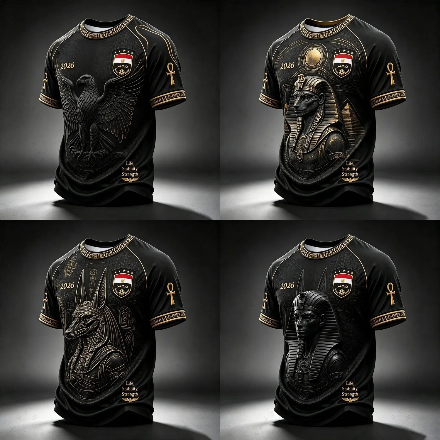 2026 Men Egypt National Team Raglan Football Shirt Full Ancient Egyptian Relief Jacquard Quick Dry Breathable Fan Beach T-shirts
