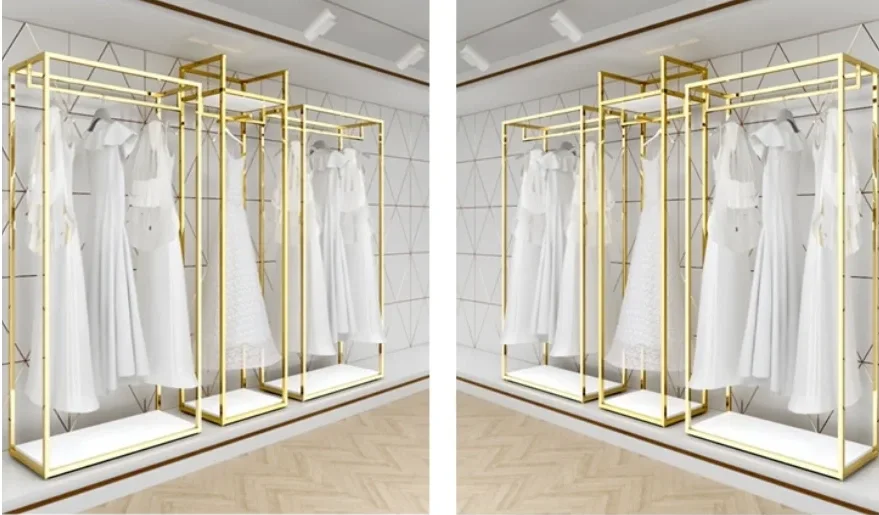 

Высококачественные полки для магазинов свадебных платьев, напольные полки для витрин магазинов одежды, золотые специальные полки для одежды, вешалки для витрин
