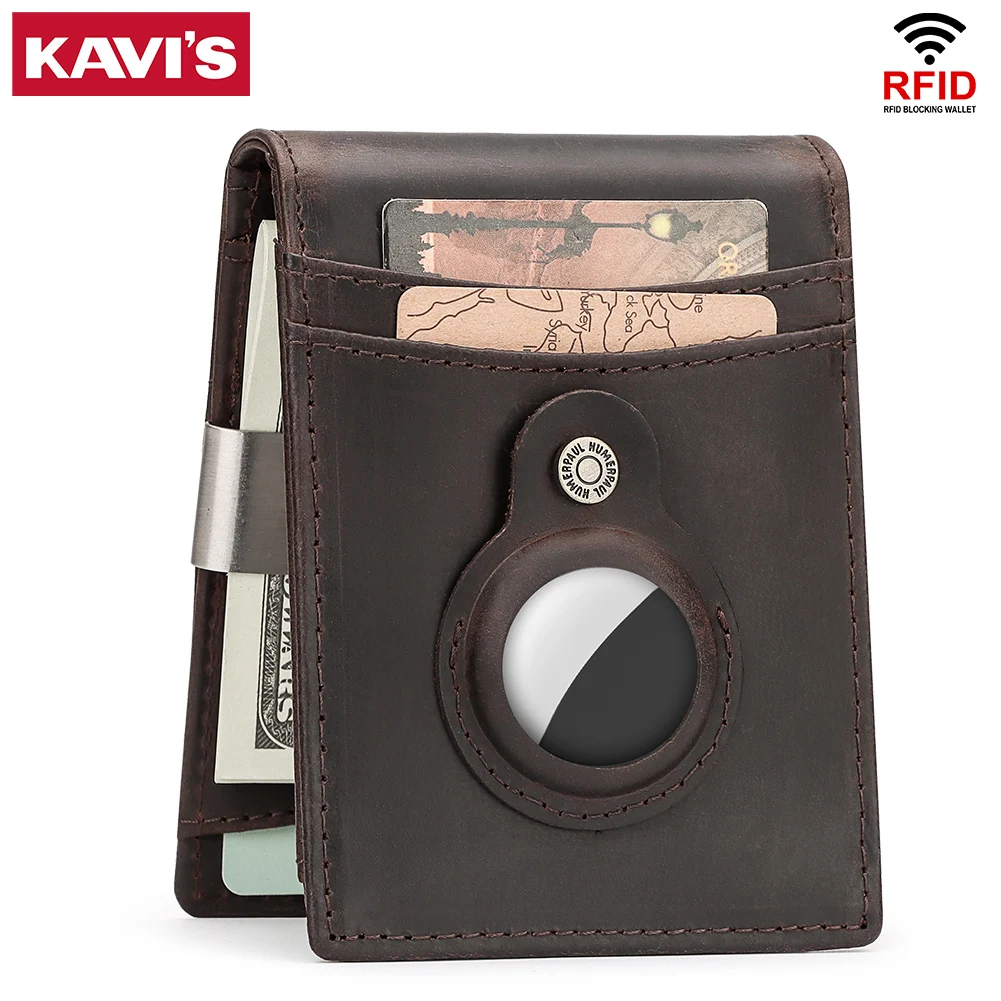 KAVIS Men Mini Wallet with Airtag Cover Slim RFID Protect Genuine Leather Card Holder Purse Minimalist Male Money Clip for Women