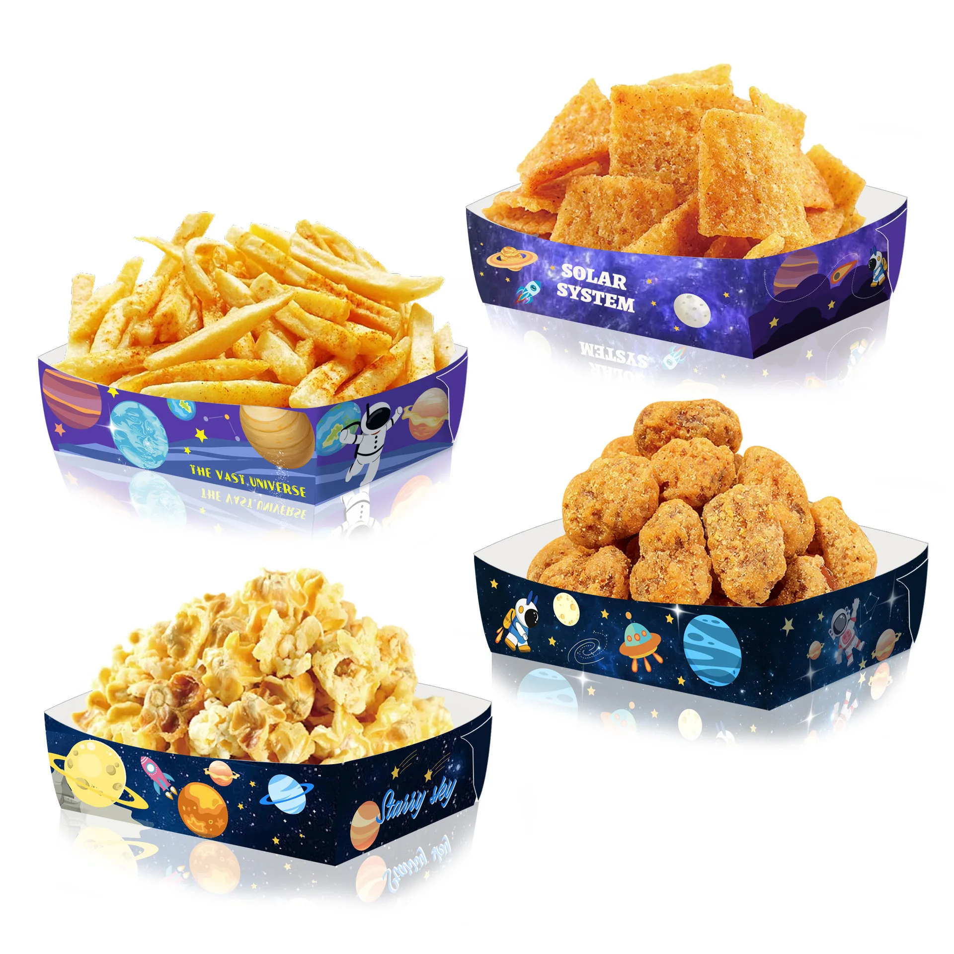 Suministros para fiestas en el espacio exterior, bandejas de papel para comida, aperitivos, palomitas de maíz, bandejas para perros calientes, astronauta, galaxia, fiesta, suministros de cumpleaños para niños, 6/12/36 Uds.