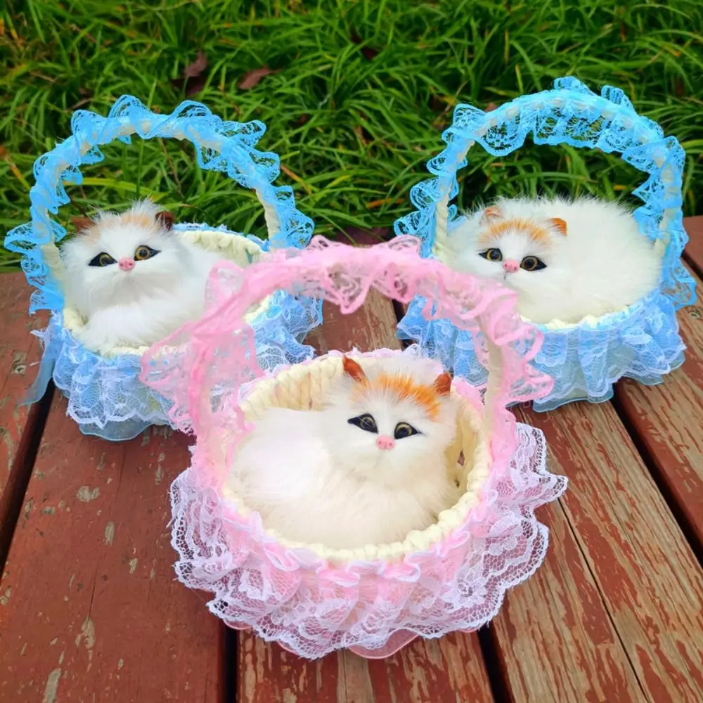 With Hanging Basket Simulation Rabbits Toy Figurines Miniatures Simulation Cat Doll Mini Realistic Plush Sleeping Cats Kids Toys