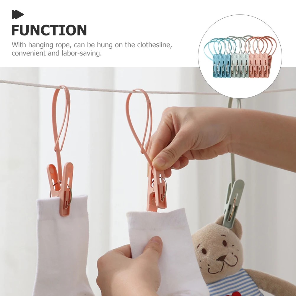 

12Pcs Windproof AntiSlip Drying Clips With Rope For Clothesline Quilt Clamp Multipurpose Clothespins Household