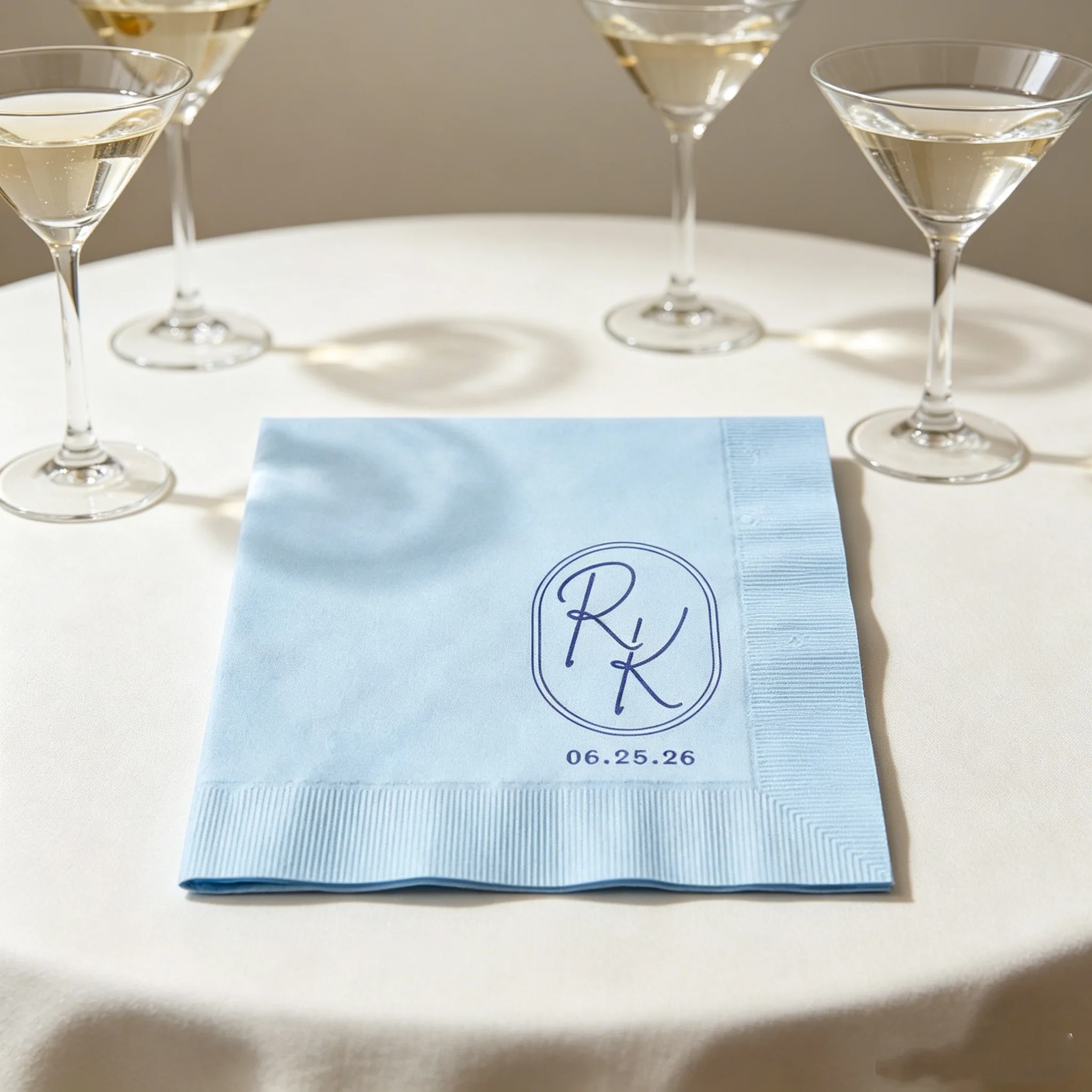 

50pcs Personalized Minimalist Wedding Napkins, Custom Monogram & Date with Navy Script, White Disposable Cocktail Napkins for Mo