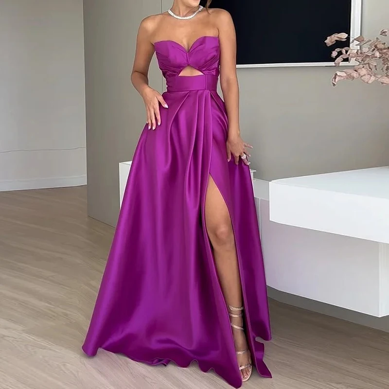 ECR Sexy Slimming Long Dresses For Women Strapless Sleeveless Backless High Waist Thigh Split Folds Dress Female Fashion Style