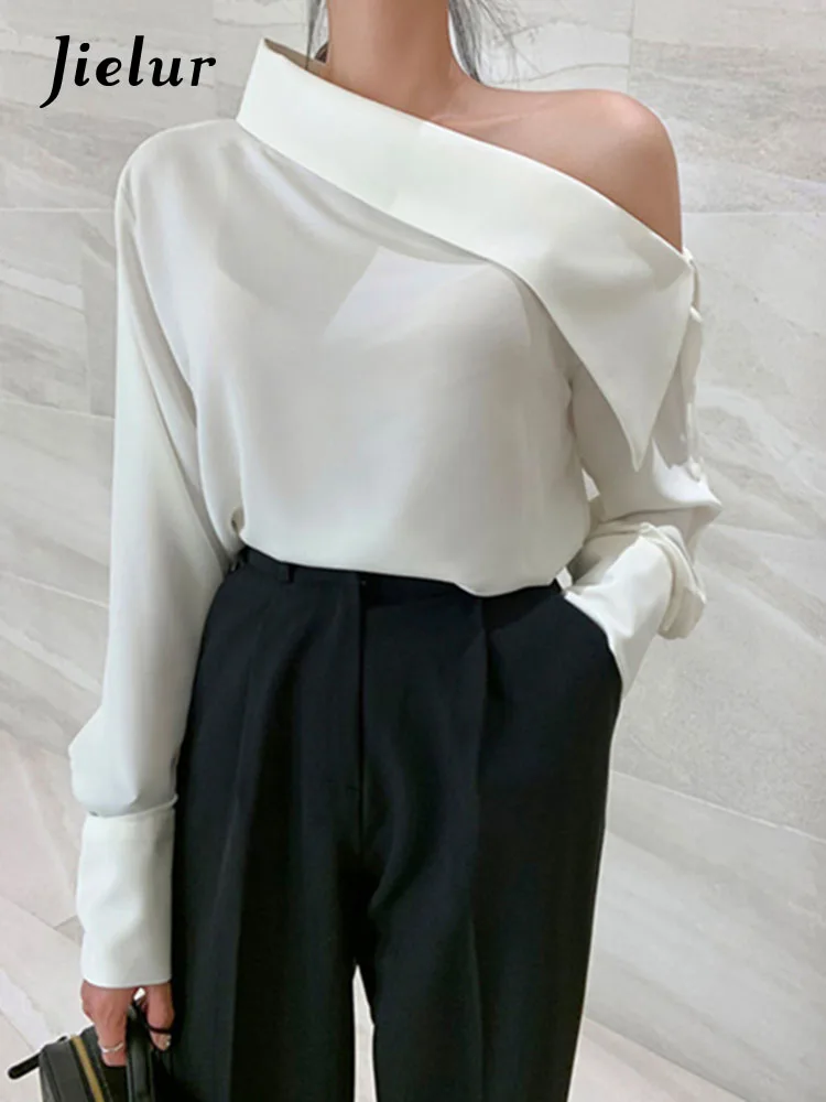 Jielur Büro Dame Koreanische Stil Schwarz Blusen Schulter Sexy Shirts Frauen Frühling Sommer Kalt Bluse Weibliche Elegante Weiße Tops