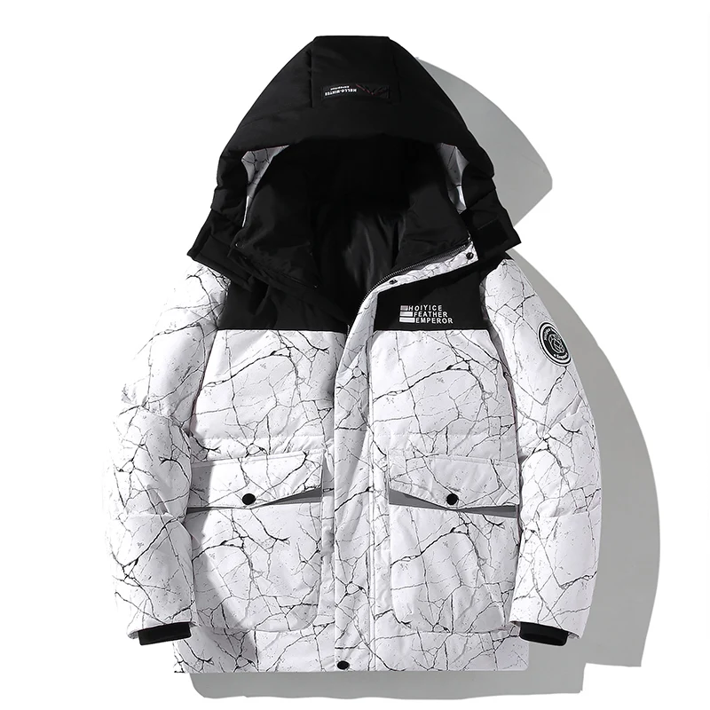 

Новая модная утепленная куртка с рваным узором для пар, молодежная, из полиэстера, с наполнителем из белого пуха, верхняя одежда 2025 года