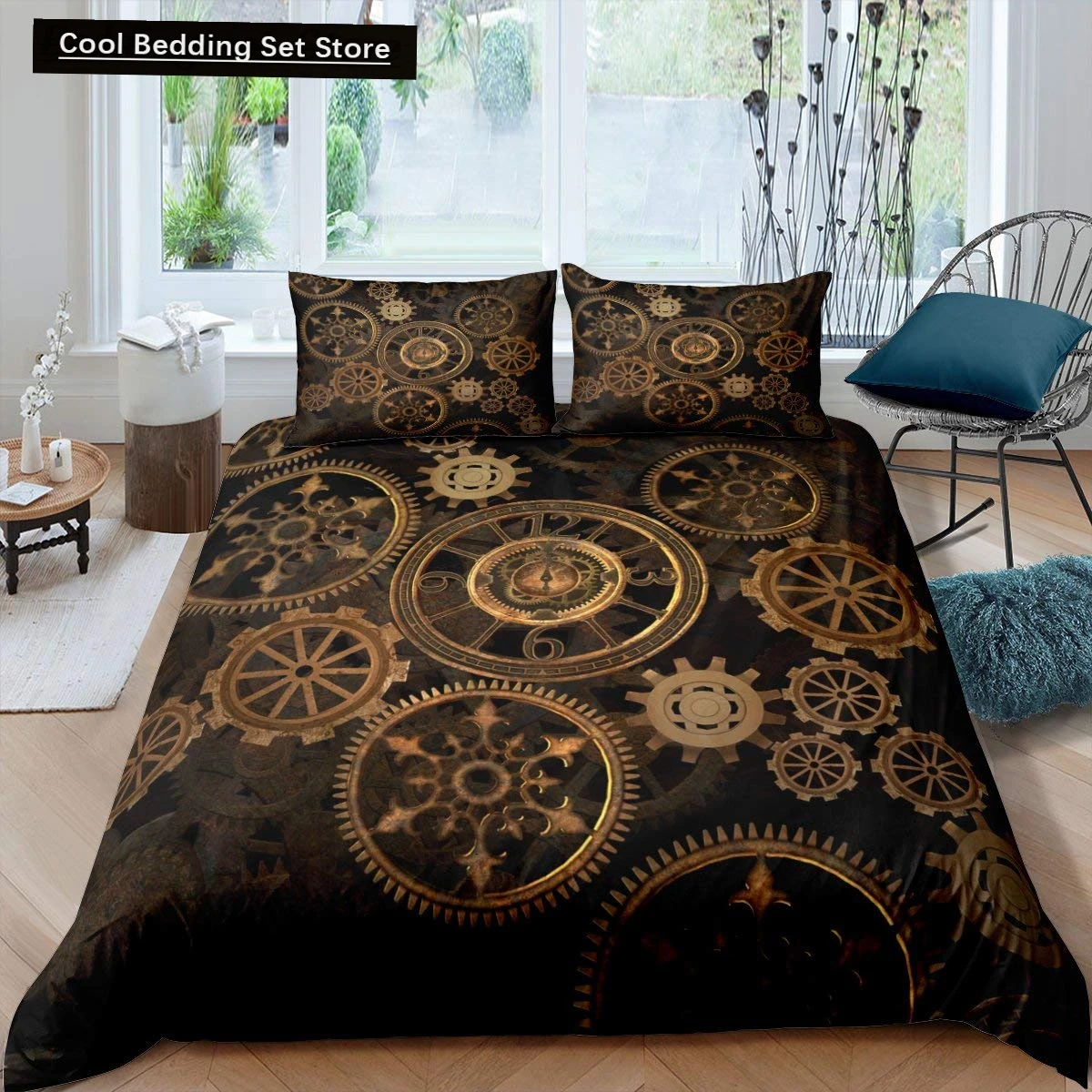 

Golden Industrial Gear King Full Duvet Cover Steampunk Style Bedding Set Mechanical Device Quilt Cover Polyester Comforter Cover