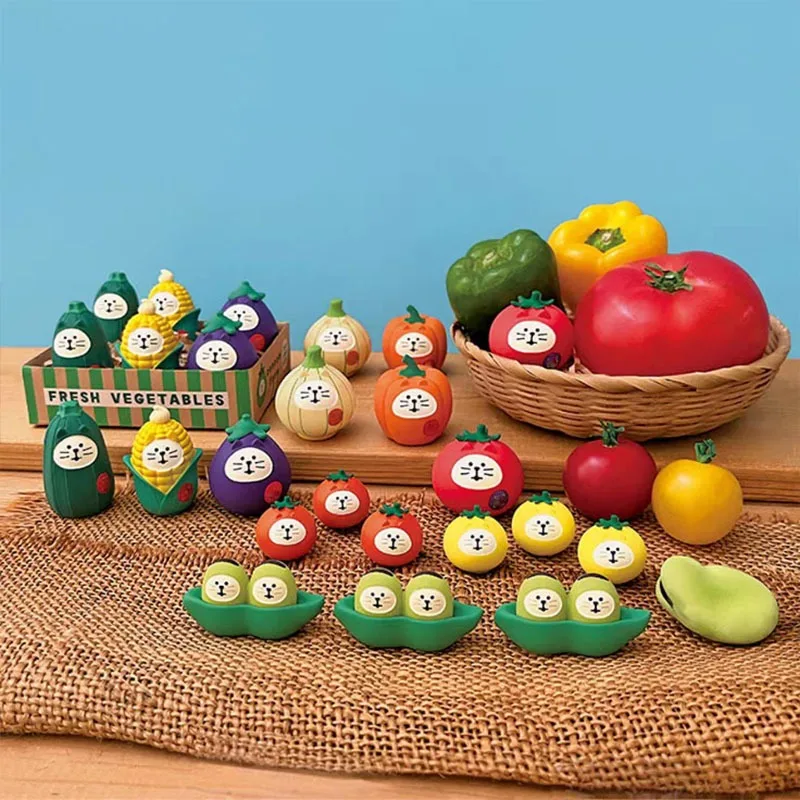 Anime Cat Statue - Japanese Style Resin Animal Figures Cute Vegetable Theme Shelf Decor ZAKKA Kawaii Collection for Desk Display