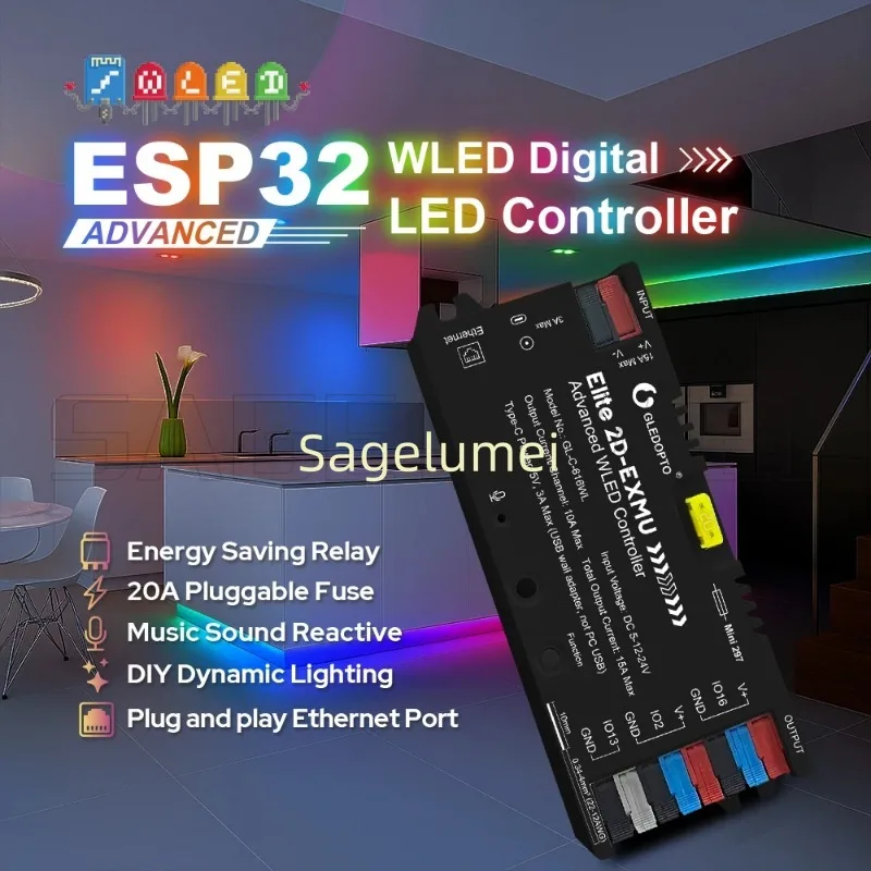 GLEDOPTO GL-C-615WL/615WL Advanced WLED Controller Wired Ethernet Sound Reactive Energy Save Relay 20A Fuse Dynamic WS2811/2812