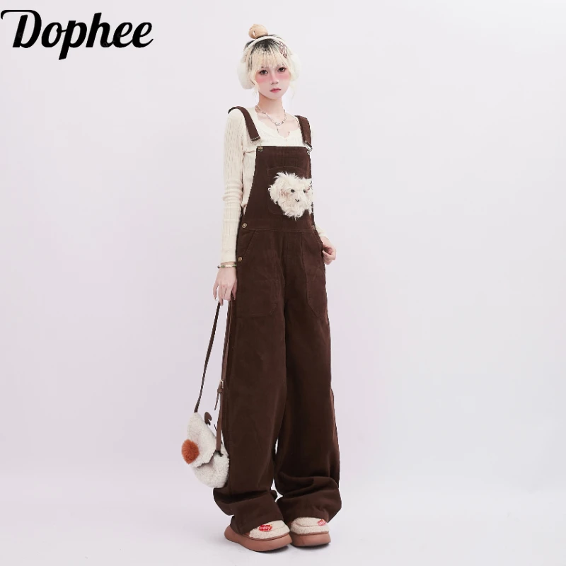 

Dophee Corduroy Suspender Pants for Women New Spring Summer Plush Puppy Loose Straight Jumpsuits Casual Overalls Spice Girls