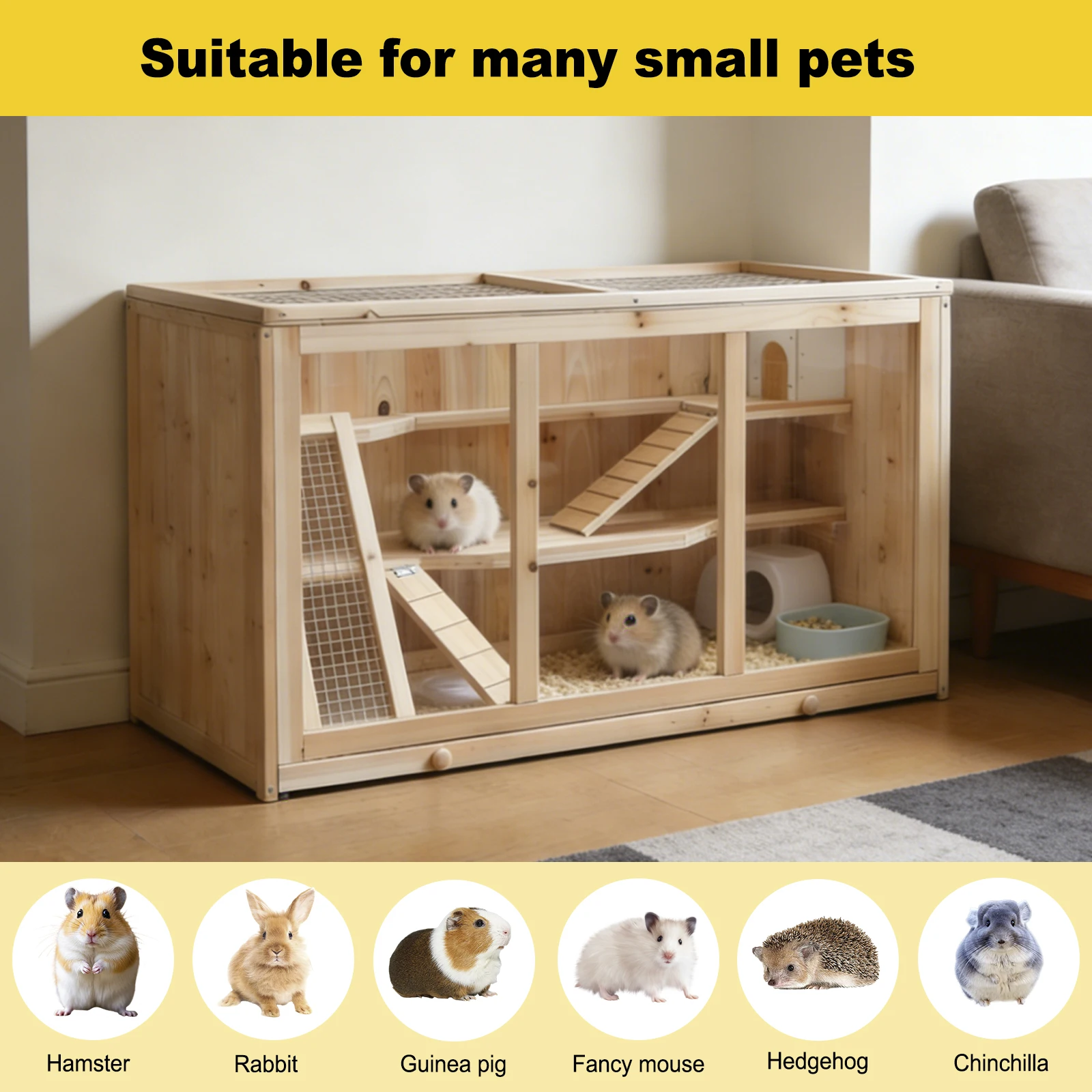 Large Wooden Hamster Cage with Acrylic Windows, Multi-Level Small Pet Habitat with Deep Tray, Ventilated Hutch for Syrian Dwarf Hamsters, Rabbits, Guinea Pigs, Chinchillas