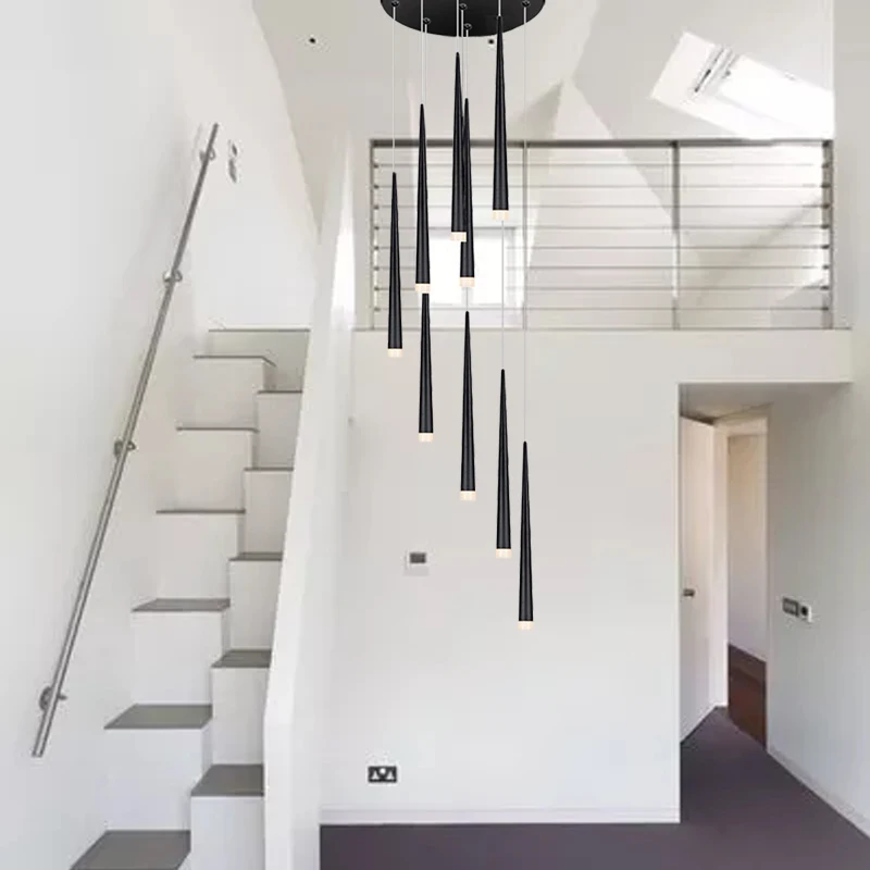 

Modern black aluminum cone staircase LED pendant lamp for hotel lobby villa staircase living room lighting decoration