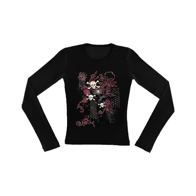 

Women's Gothic Punk Skull Print T-Shirt - Slim Fit Sleeve Black Top with Pink Floral Accents, Edgy Casual for Spring Autumn EMO