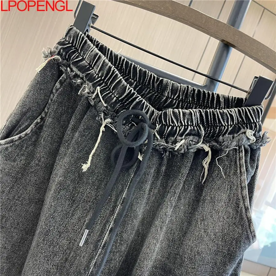 Women's Autumn And Winter 2024 Personality Trendy Stitched Jeans New Elastic Waist Loose Streetwear Straight-leg Denim Trousers